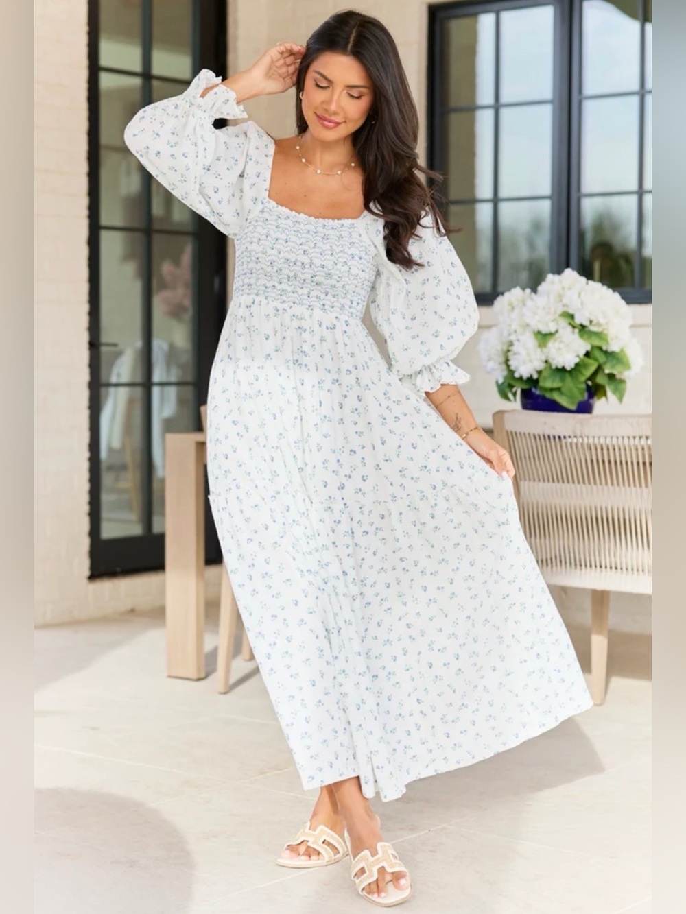 Pink Lily Thalia White Floral Smocked Top Maxi Dress